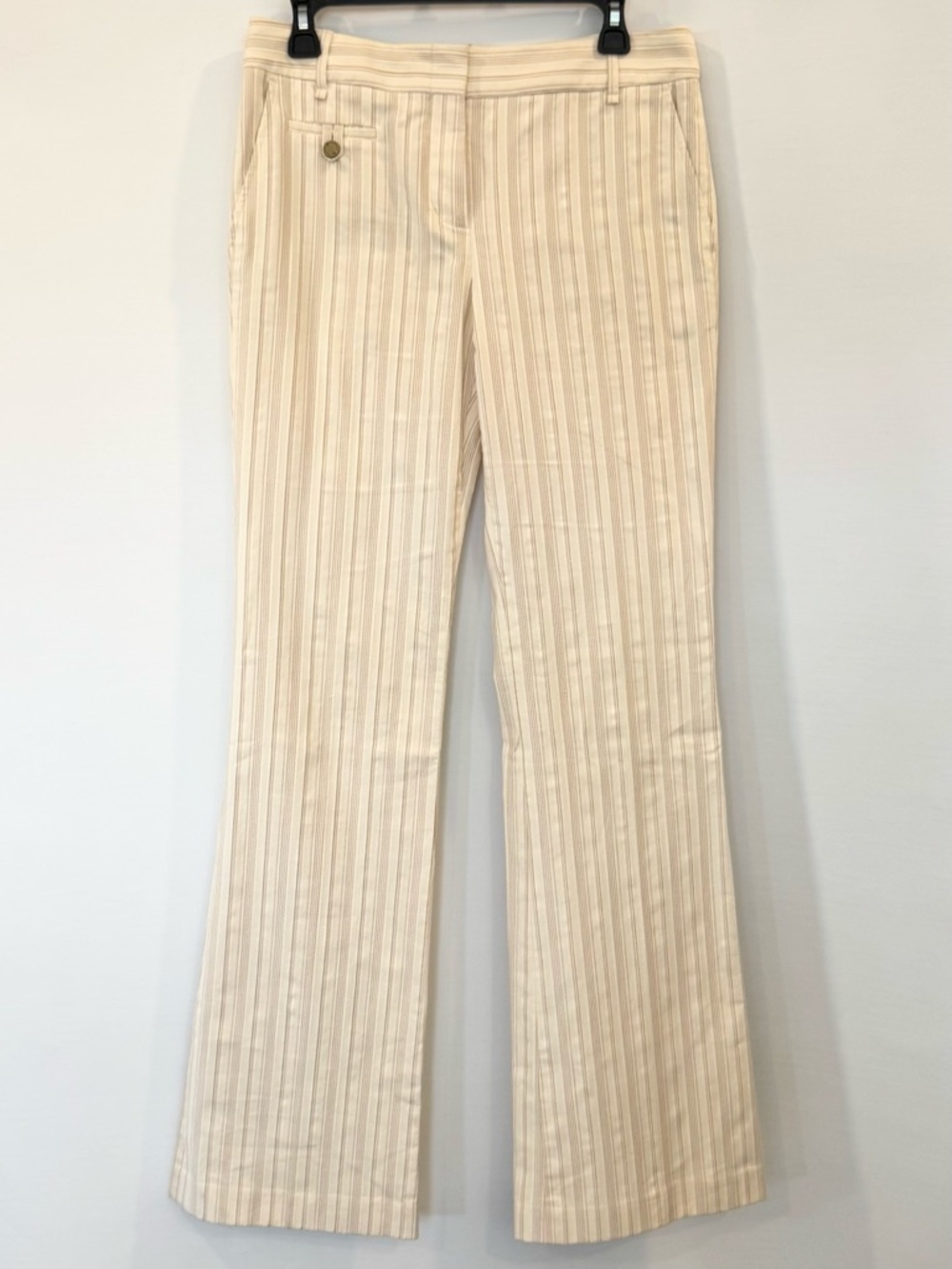 MaxAzria BCBG Low Rise Flare Stretch Cream Tan Striped Office Siren Work Pants 6